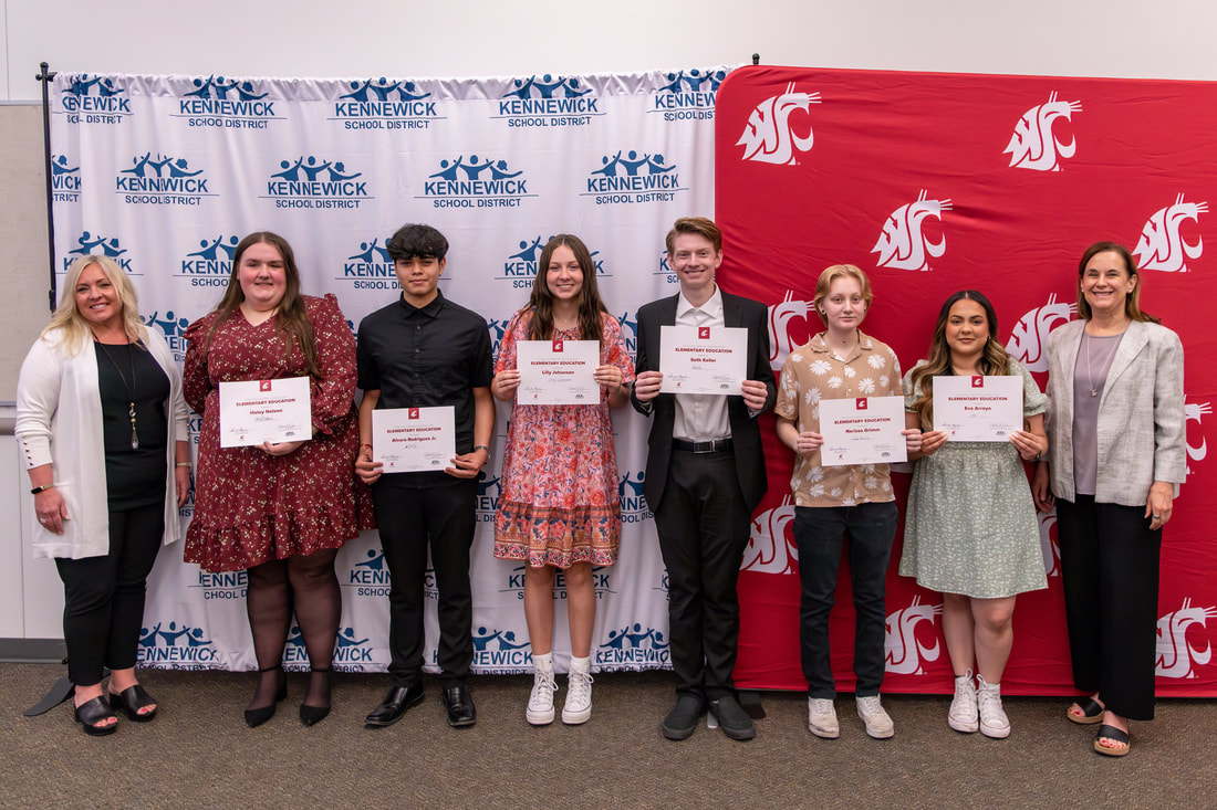 The first cohort of students in the Teaching Bridge program display their certificates at a signing ceremony on May 16. Left to right: Traci Pierce, superintendent of Kennewick School District; Haley Nelson, Southridge High; Alvaro Rodriguez Jr, Southridge High; Lilly Johanson, Southridge High; Seth Keller, Kennewick High; Nerissa Grimm, Kennewick High; Eva Arroyo, Kamiakin High; and Sandra Haynes, chancellor of WSU Tri-Cities. Not pictured: Lizzandra Ramirez, Kennewick High.